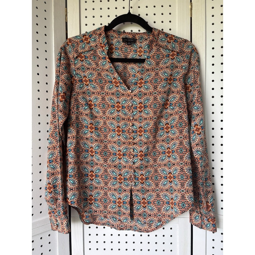 The Limited Faux Button Front V Neck Blouse Geometric Teal Brown Aztec Womens XS